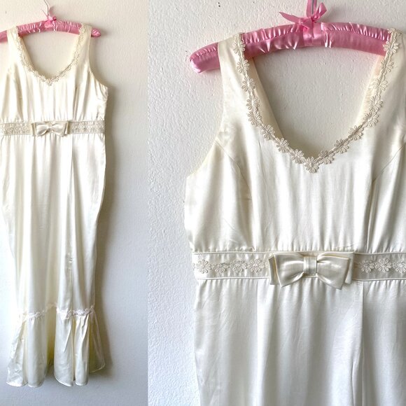Vintage Cream Slip Dress Evening Gown Wedding Dress Party Gown Formal Dress L - Picture 1 of 12